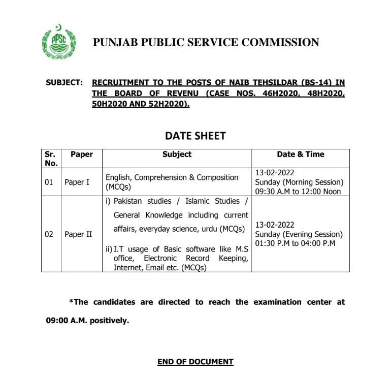 Date Sheet for the Posts of Naib Tehsildar (BS-14) in the Board of Revenue